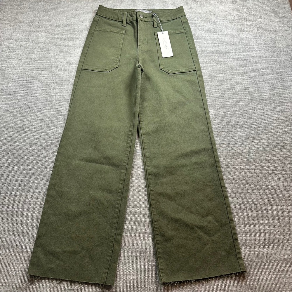 JUSTUSA Wide Leg Pants Women Size 12 Olive Green NEW Raw Hem Patch Pocket